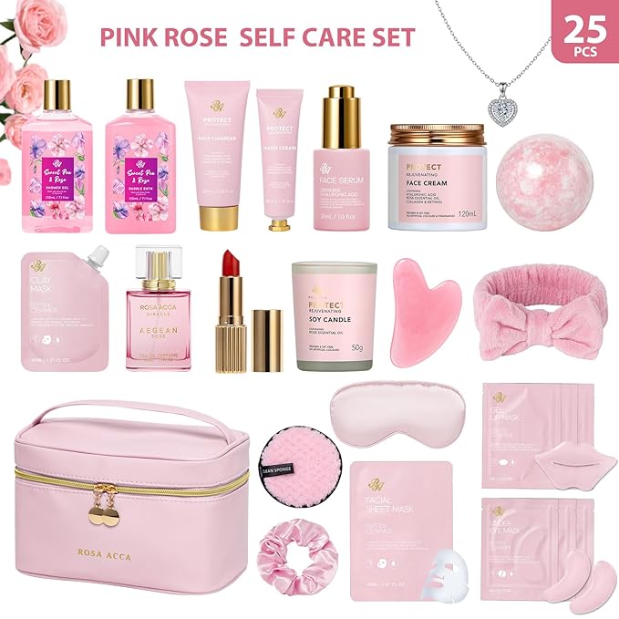 25 Pcs Valentines Day Gifts for Women, Luxury Rose Bath & Body Gift Set, Hydrating Skin Care Kit, Self Care Gifts, Cosmetic Bag, Necklace, Christmas, Birthday, Mothers Day, Anniversary