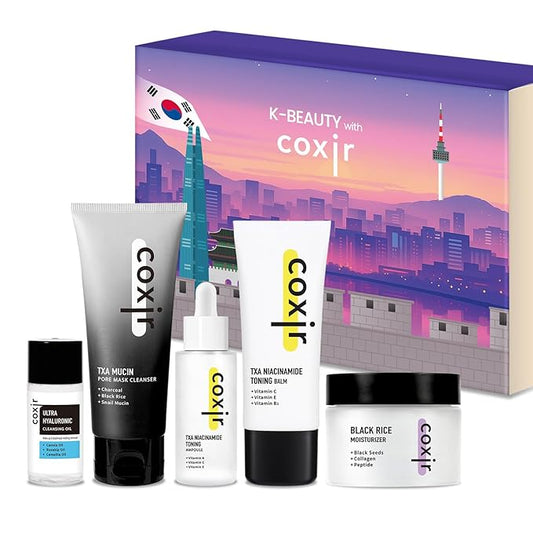 [New Years Gift Set] coxir K-Beauty Seoul Glow Set – 5-Step Korean Skincare Routine with TXA & Black Rice – Cleansing oil, Mask Cleanser, Ampoule, Balm & Moisturizer,korean skincare,Holiday Gift
