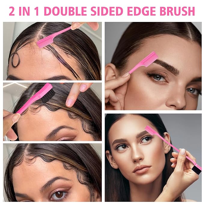 3 Pieces Hair Styling Comb Set Teasing Brush Rat Tail Comb Edge Brush for Edge&Back Brushing, Combing, Slicking Hair for Women (Pink)