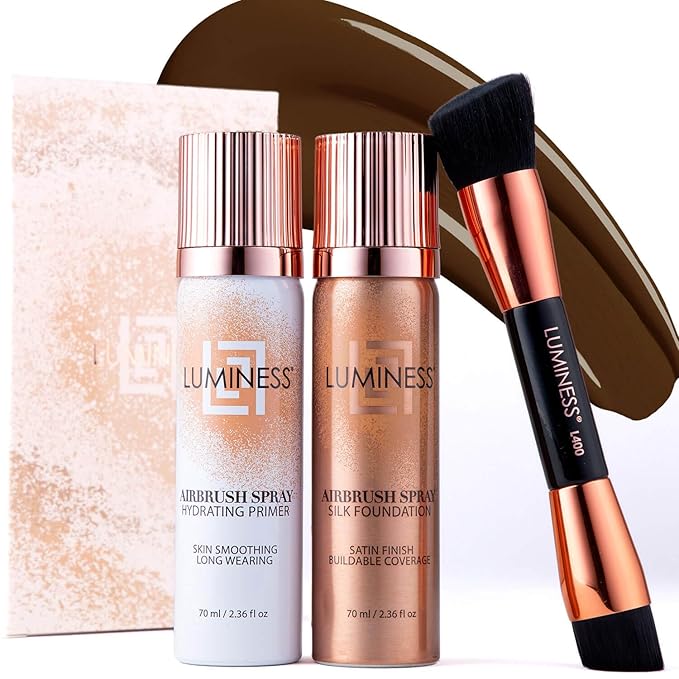 LUMINESS Airbrush Spray Silk Foundation Starter Kit - Deep Rich - Foundation, Primer & Dual-Sided Angled Buffing Brush - Medium, Buildable Coverage, Anti-Aging Formula Hydrates & Moisturizes