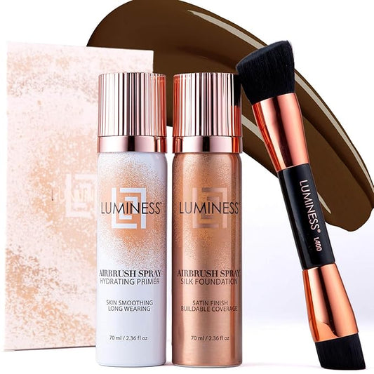 LUMINESS Airbrush Spray Silk Foundation Starter Kit - Deep Rich - Foundation, Primer & Dual-Sided Angled Buffing Brush - Medium, Buildable Coverage, Anti-Aging Formula Hydrates & Moisturizes