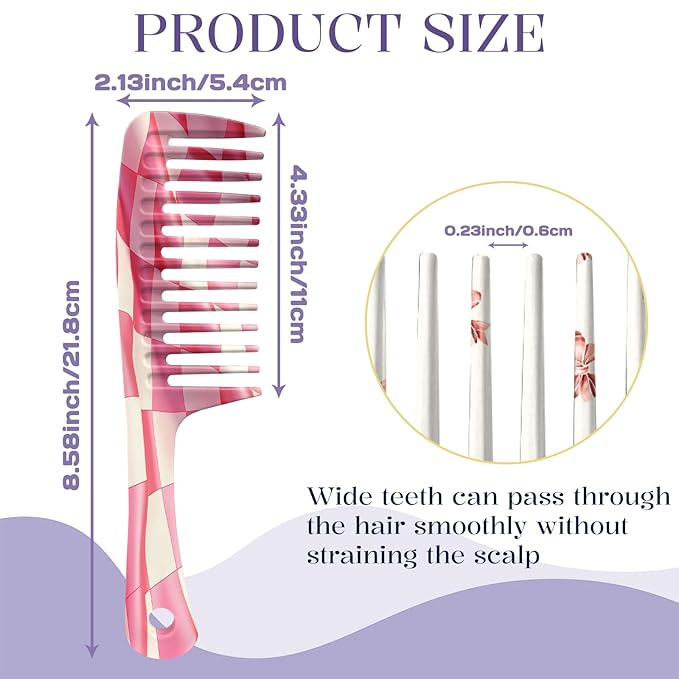 2PCS Wide Tooth Comb,Effortless Tangle Removal for Long Hair Styling Comb for Curly,Wet,Cute Aesthetic Design for Women Men and Girls(Pink-Grid-16)