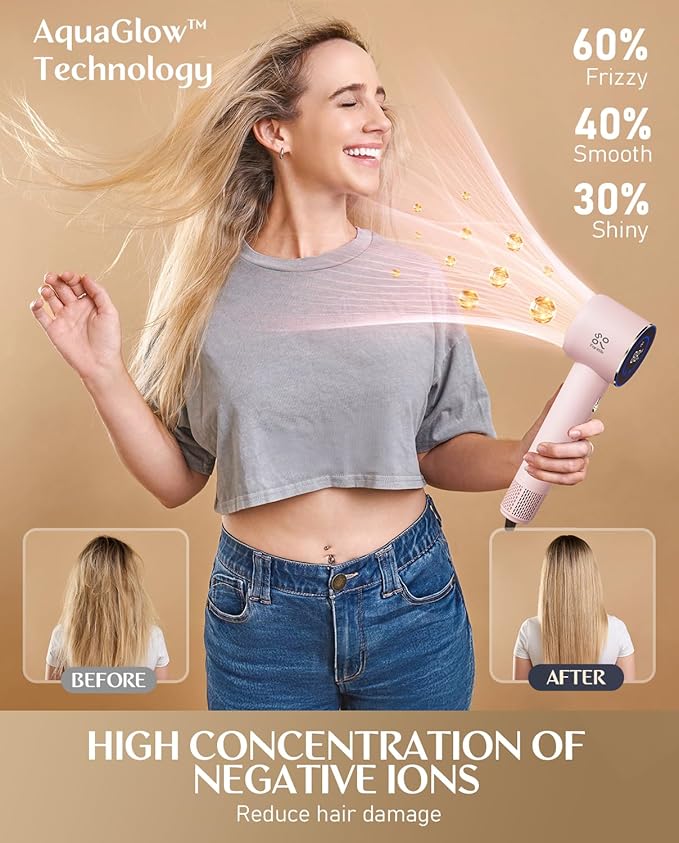 Fanttik Solo SonicDry H10 APEX 80% Faster Drying with 110,000 RPM Brushless Motor Hair Dryer, 56dB Low-Noise, 0.74lb Ultra-Light Blow Dryer, Ionic Tech for Travel, Home, Salon - Pink