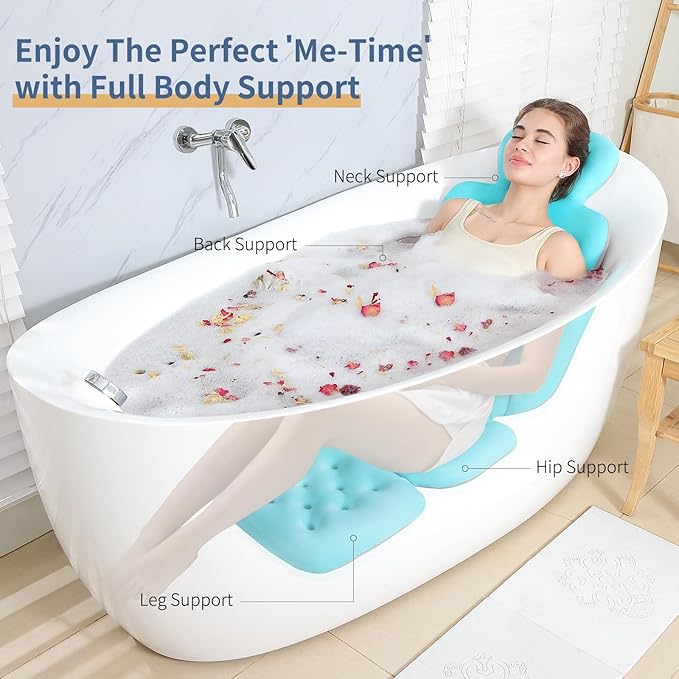 Luxury Bath Cushion, Full Body Bathtub Pillow with 160 Suction Cups, Bath Mat for Head and Neck Support, with Laundry Bag (Blue, 56.2" x 16.2")