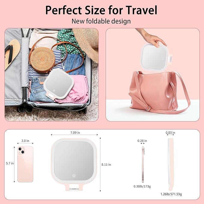 DESCHEN Rechargeable Travel Makeup Vanity Mirror with Lights and Magnification, Portable 1X/10X Magnifying Mirror with 3 Color Light, Lighted Makeup Mirror with Magnification, Folding LED Desk - Pink