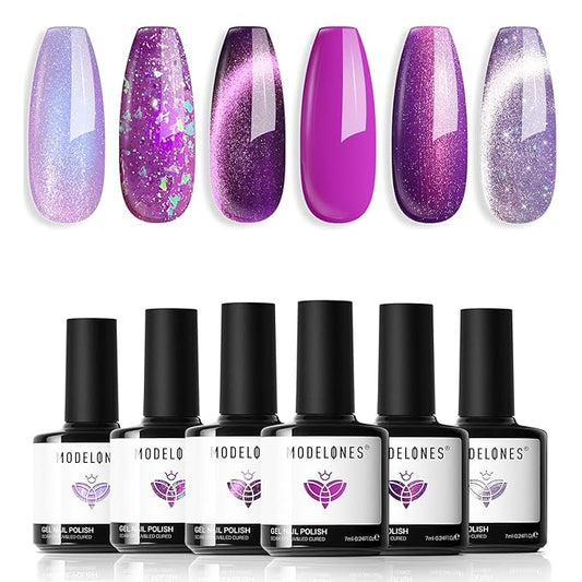 modelones Gel Nail Polish Set 6 Colors Purple Silver Cat Eye Gel Nail Polish Glitter Purple Chameleon Sparkle Silver Shade Shimmer Magnet Polish Soak Off Led Nail Art DIY Salon Gift For Women Girl
