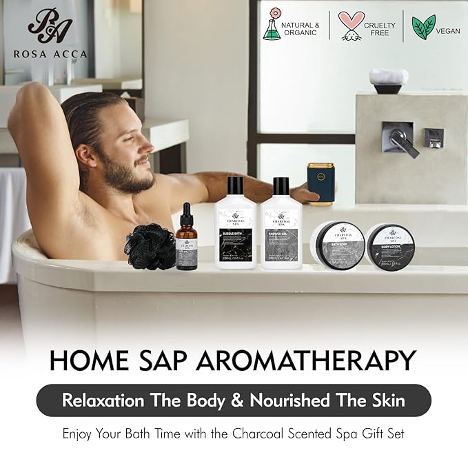 Valentines Day Gifts for Men & Women, 23pcs Bath and Body Gift Basket, Charcoal Luxury Home Spa Kit, Leather Bag, Face Oil, Birthday, Self Care Kit, Christmas, Holiday, Father's Day, Mother Day