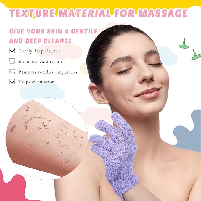 4 Pack Exfoliating Washcloth Back Scrubber Set, 2 Exfoliating Body Scrubber Nylon Back Body Scrub Towel, 2 Pairs Shower Gloves for Women Men Bath Shower Exfoliation(Pink, Purple)