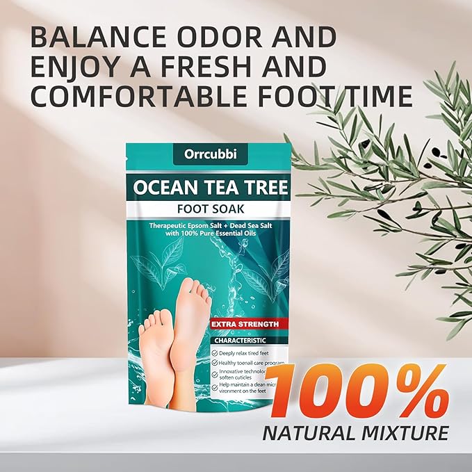 EXTRA STRENGTH Ocean Tea Tree Oil Foot Soak Salt – Dead Sea & Epsom Salt with Natural Essential Oils – Foot Bath for Odor, Callus Softening & Toenail Care – Relax Tired Feet, Home Spa Use 16oz
