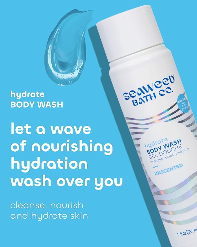 Seaweed Bath Co. Hydrate Body Wash - Unscented - Foaming Shower Gel Cleanser with Natural Ingredients - Fragrance Free and Gentle - Good For Sensitive Skin - 12 oz