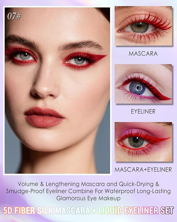 Red Mascara Liquid Eyeliner Set, Update Longlasting Waterproof Color Eye Liner Pen, 5D Silk Fiber Colored Mascara Volume and Length, Christmas Party Stage Use Eye Makeup Gift Kit for Women Girl-07