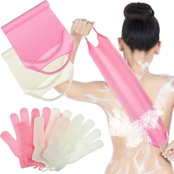 4 Pack Exfoliating Washcloth Back Scrubber Set, 2 Exfoliating Body Scrubber Nylon Back Body Scrub Towel, 2 Pairs Shower Gloves for Women Men Bath Shower Exfoliation(Pink, Beige)
