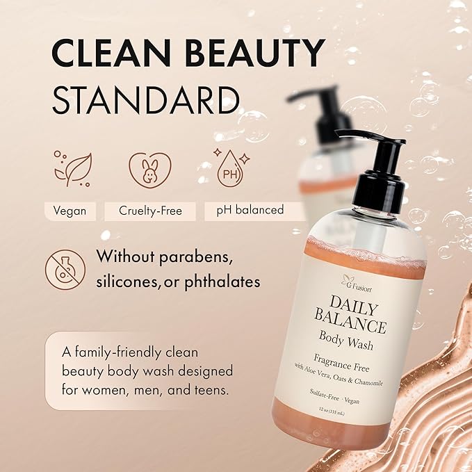 Daily Balance Body Wash – Natural Fragrance Free Cleanser – Plant-Based Hydrating Shower Gel with Oatmeal, Aloe & Chamomile – Vegan, pH Balanced, Sulfate-Free Clean Beauty Care. 12 Fl Oz (355 ML)