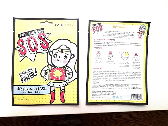 FACETORY K Beauty Face Mask Skin Care - SOS SAVE OUR SKIN RESTORING Sheet Mask with Royal Jelly & Aloe | Calm Appearance, Dewy Skin (5 Pack)