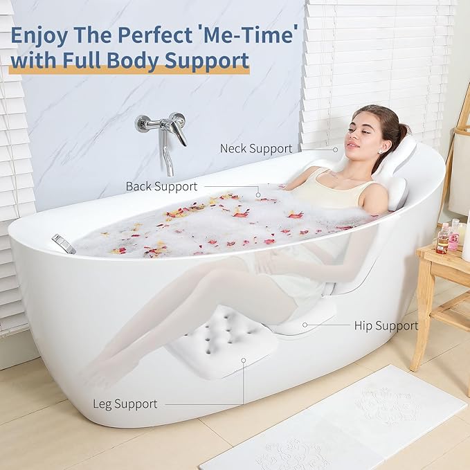 Luxury Bath Cushion, Full Body Bathtub Pillow with 160 Suction Cups, Bath Mat for Head and Neck Support, with Laundry Bag (White, 56.2" x 16.2")