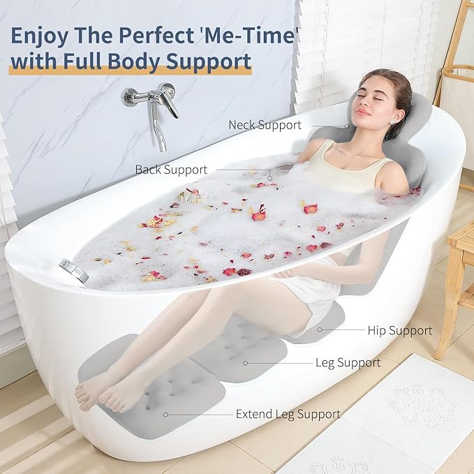 Bath Cushion, Full Body Bathtub Pillow with 160 Suction Cups, Bath Mat for Head and Neck Support, with Laundry Bag (Dark Gray, 60.2" x 16.2")