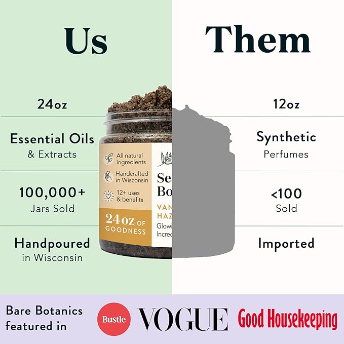 Bare Botanics Vanilla Hazelnut Coffee Body Scrub 24 oz - Naturally Scented Sea Salt Scrub Made in Madison, WI - Formulated w/Skin Loving Moisturizers - Vegan, Cruelty Free w/a Cute Wooden Spoon