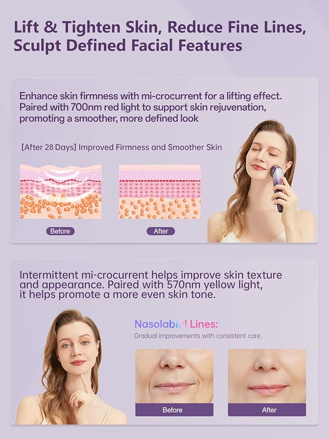 6-in-1 Age-Defying - Eye, Face & Neck Lift & Firm, 5-Color Light Therapy for Face with Microcurrent, Vibration, Heat & Cooling, Skin Care Tool for Youthful & Tightening Skin (Purple)