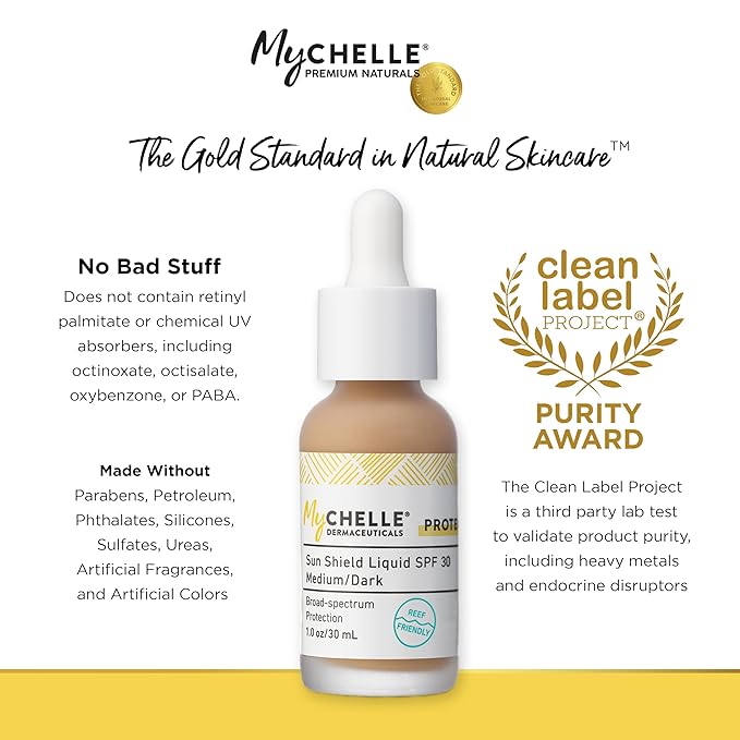 MyChelle Dermaceuticals, Sun Shield Liquid SPF 30 Medium/Dark (1 Fl Oz) - Tinted Sunscreen for All Skin With Oil-Absorbing Bentonite Clay - Use as Sheer Foundation or Makeup Primer for Matte Finish