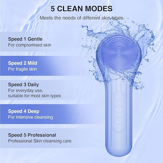 Silicone Face Scrubber, Waterproof Electric Facial Cleansing Brush for Men & Women, Rechargeable Face Scrubber with 5 Modes for Deep Cleansing, Exfoliating, Massage (Blue)