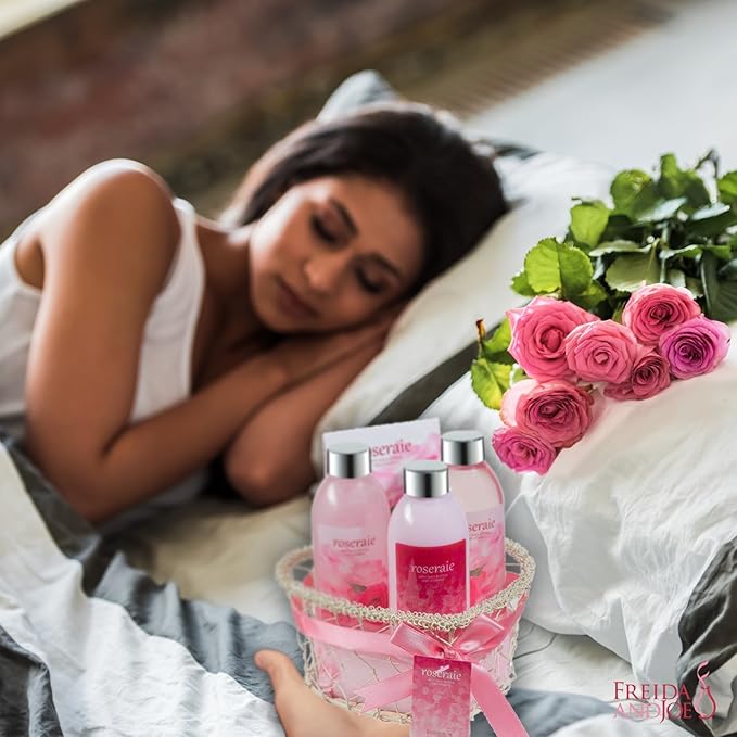 Heart Pink Rose Spa Bath and Body Gift Basket for Women with Shower Gel, Bubble Bath and Body lotion and Bath Salt Bath Gift Set
