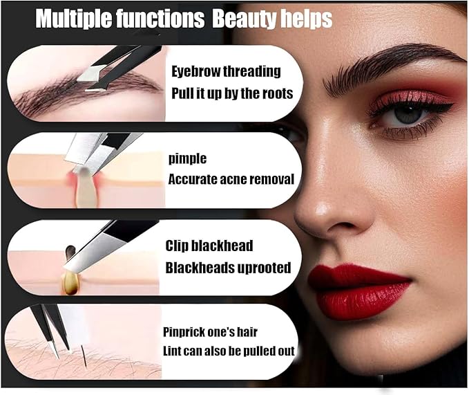 Tweezers Set [9+1 PCS] - Professional Stainless Steel Tweezers for Eyebrows – High-Precision Beauty Tools for Eyebrows, Facial Hair, Splinter & Ingrown Hair Removal