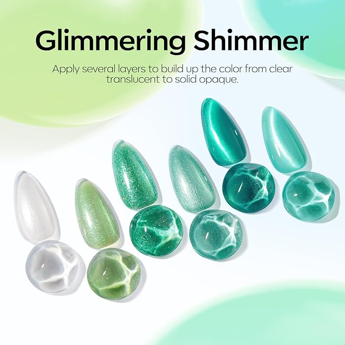 modelones Glitter Gel Nail Polish Set, 6 Colors White Green Lake Blue Pearl Shimmer 9D Cat Eye Gel Polish with Magnet Soak Off LED Nail Art Kit Salon DIY Home Gift