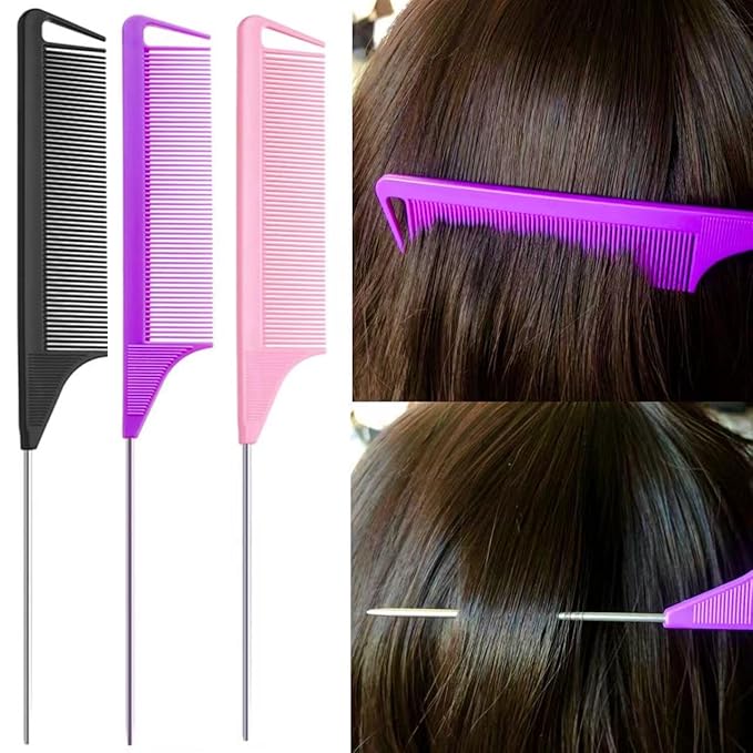 9pcs Topsy Hair Tail Tool and rat tail comb set,6pcs French Braiding Tool ring,3Pcs Metal Parting Combs,Woman Girl Hair Styling (Pink,Purple, Black)