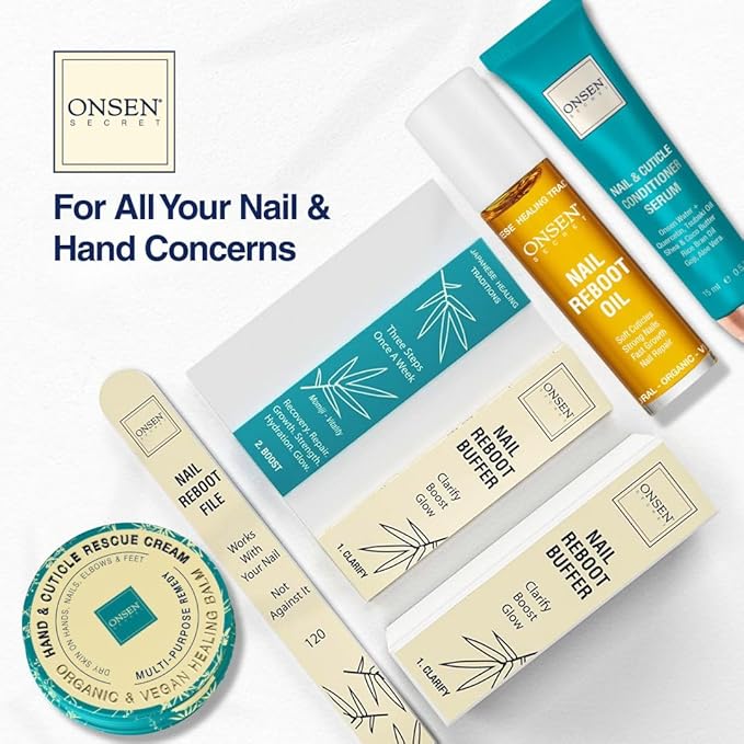 Onsen Secret Advance Rescue Nail Kit - Strengthening Nail Oil & Serum with Hand & Cuticle Rescue Cream - Tsubaki, Shea Butter, Jojoba - Hydrates, Repairs, and Restores