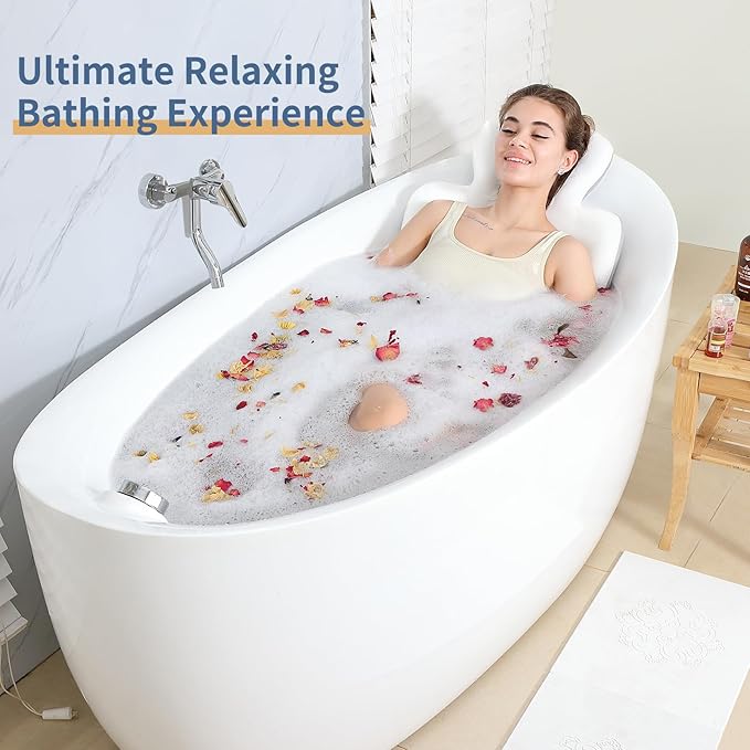 Luxury Bath Cushion, Full Body Bathtub Pillow with 160 Suction Cups, Bath Mat for Head and Neck Support, with Laundry Bag (White, 56.2" x 16.2")