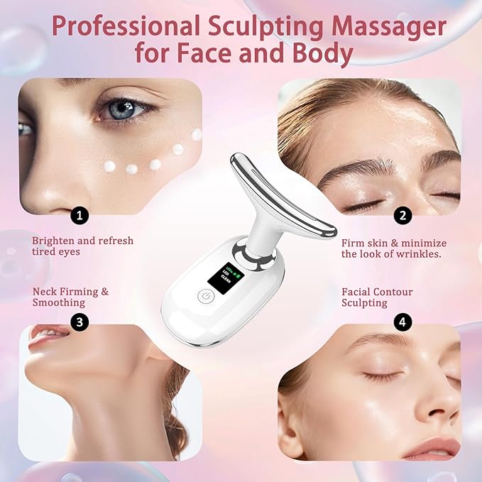 Facial Massager, 7 Color Led Face Neck Massager for Skin Care, LED facial massager tool for Neck with Heat & Vibration, Micro-Current Porable Facial Massager for Skin Care Home Use, Advanced White