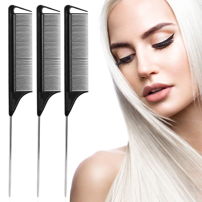 Rat Tail Combs Set: 3-Pack Teasing Styling Combs with Long Steel Pins for Women, Parting Combs for All Hair Types (Black)