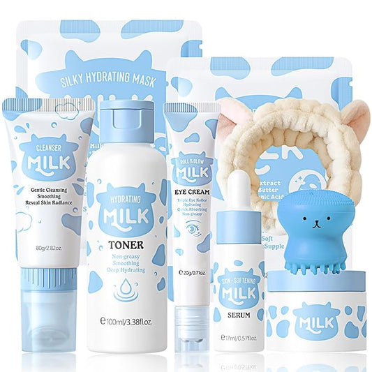 9PCS Milk Skin Care Sets for Women, Kids Skin Care Set for Girls Ages 8-12, Girls Skin Care for Kids Age 8-12, Cleanser,Serum,Cream,Eye Cream,Toner,Masks,Hairband,Brush, Gifts for Teenage girls