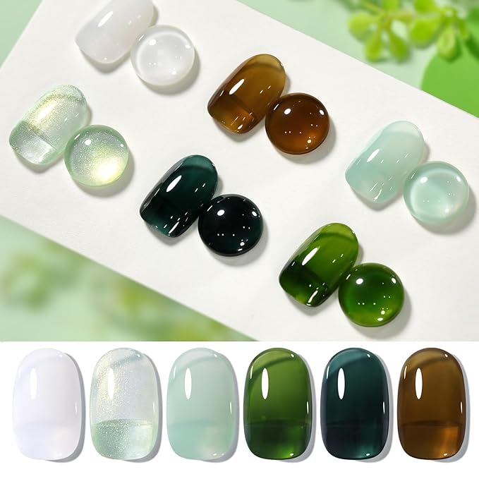 Born Pretty Jelly Green Milky White Gel Nail Polish Christmas Transparent Sheer Colors Gel Nail Kit for Salon Gel Manicure and Nail Art DIY at Home 6 Colors