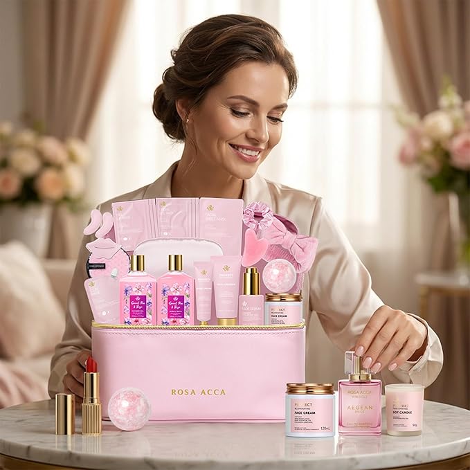 25 Pcs Valentines Day Gifts for Women, Luxury Rose Bath & Body Gift Set, Hydrating Skin Care Kit, Self Care Gifts, Cosmetic Bag, Necklace, Christmas, Birthday, Mothers Day, Anniversary