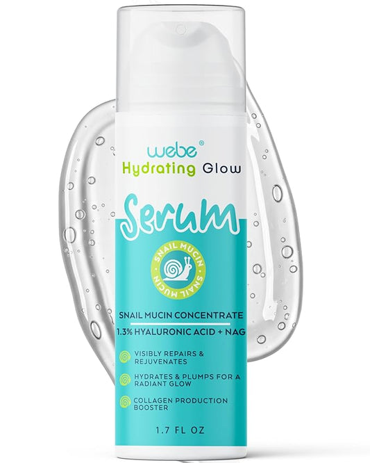 WEBE Naturals Snail Mucin 94% Hydrating Glow Serum | 1.3% Hyaluronic Acid & N-Acetyl Glucosamine | Collagen Boosting, Plumping, Anti Aging, Intense Moisturizing Serum for Radiant, Dewy Skin