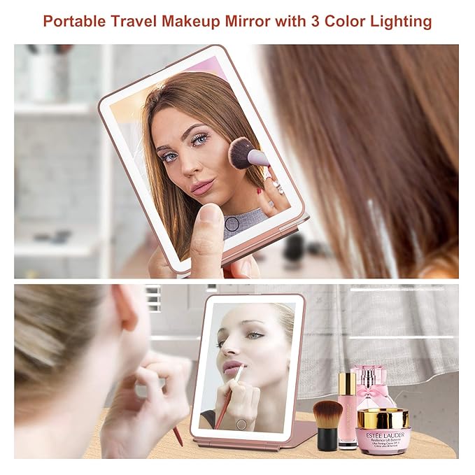 FUNTOUCH Rechargeable Travel Makeup Mirror with 72 Led Lights, Portable Lighted Beauty Mirror, 3 Color Lighting, Dimmable Touch Screen, Tabletop LED Folding Cosmetic Vanity Mirror