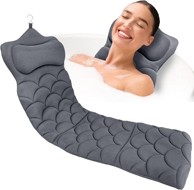 REEZEIVI Full Body Bath Pillow,Thick Bathtub Cushion with Laundry Bag,Bath Pillow with 13 Non-Slip Suction Cups,Soft 3D Mesh Fabric,Bathtub Cushion for Headrest Neck and Back Support (Gray)