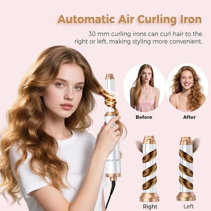 6 in 1 Air Styler Magic Hair Dryer Brush, Negative Ionic Blow Dryer Brush & 3 Heat Settings, Detachable Auto Curling & Straightening Volumizing, Frizz-Free Styling, Salon to Home Use (White-Pink)