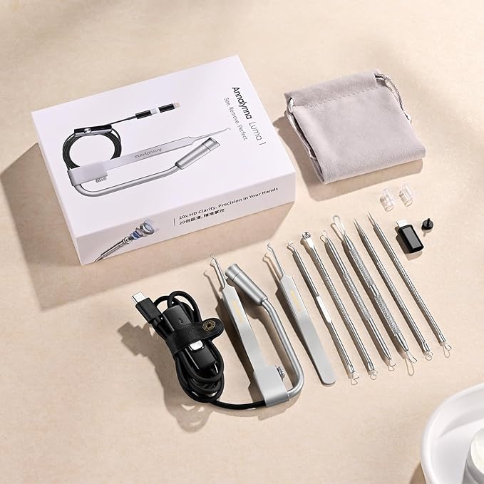 Luma 1 Visual Blackhead Remover Tweezers with Camera - Pimple Popper Tool with Camera 20x Magnification, 1080P, 8 LED Lights, with 2* Alloy Steel Tweezers and Blackhead & Pimple Popper Tool Kit (6ps)