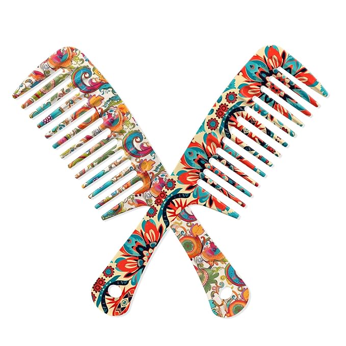 2PCS Wide Tooth Comb,Effortless Tangle Removal for Long Hair Styling Comb for Curly,Wet,Cute Aesthetic Design for Women Men and Girls(Orange-Bohemia-20)