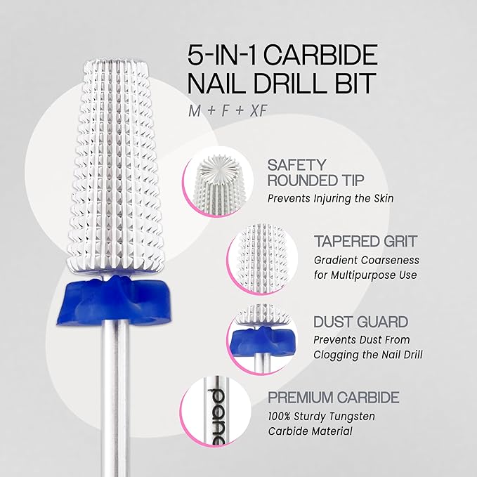 PANA Nail Carbide 5 in 1 Bit - Two Way Rotate use for Both Left and Right Handed - Fast remove Acrylic or Hard Gel - 3/32" Shank - Manicure, Nail Art, Drill Machine (Medium - M, Silver)