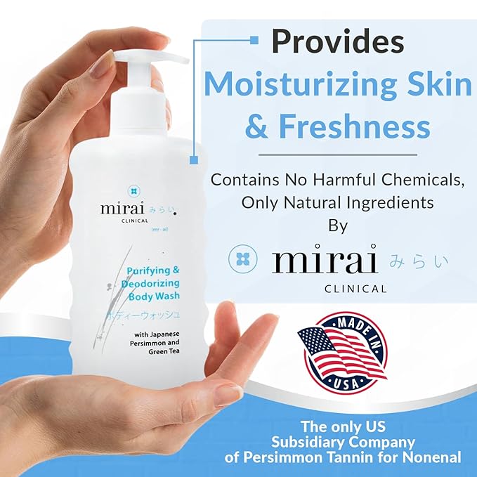 Mirai Clinical Body Wash for Strong Body Odor - Renewing Body Purifying & Deodorizing with Natural Persimmon & Green Tea Extracts - Nonenal Eliminator for Women & Men - 9.29 Fl oz