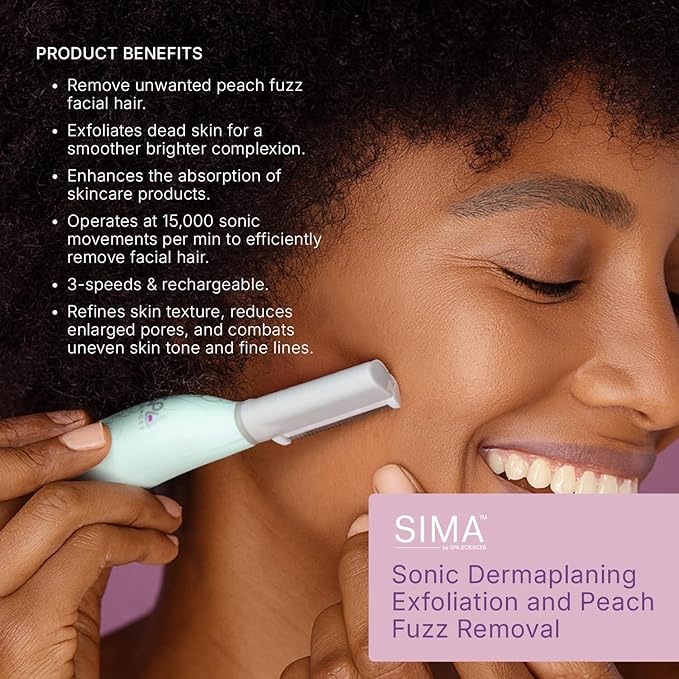 SPA SCIENCES - SIMA Patented Dermaplane Razor for Women Face – Painless 2-in-1 Facial Exfoliation & Peach Fuzz Hair Removal – Anti-Aging – 3 Speeds – Rechargeable – 7 Weeks Treatment