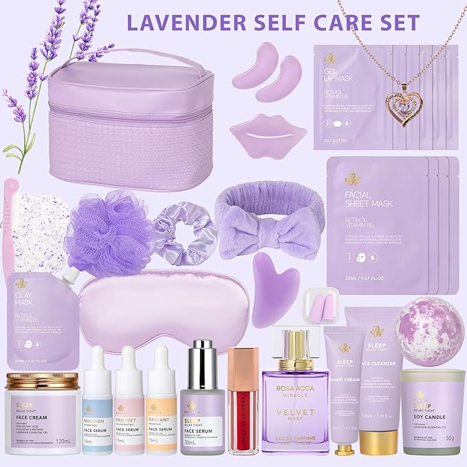 33 pcs Valentines Day Gifts for Women, Lavender Spa Bath & Body Gift Set, Face Sheet Mask Skin Care, Hydrogel Mask, Lip Gloss, Cosmetic Bag, Serum, Necklace, Cleanser, Gua Sha, Mother Day, Birthday