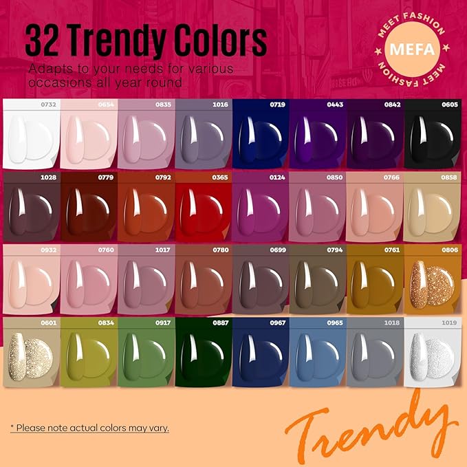 MEFA Fall Gel Nail Polish Set, 32 Colors Burgundy Red Gel Polish Set Champagne Gold Glitter Nail Polish Soak Off Dark Red Purple Shimmer Nude Brown Gel Nail Gifts for Women Girl DIY Salon