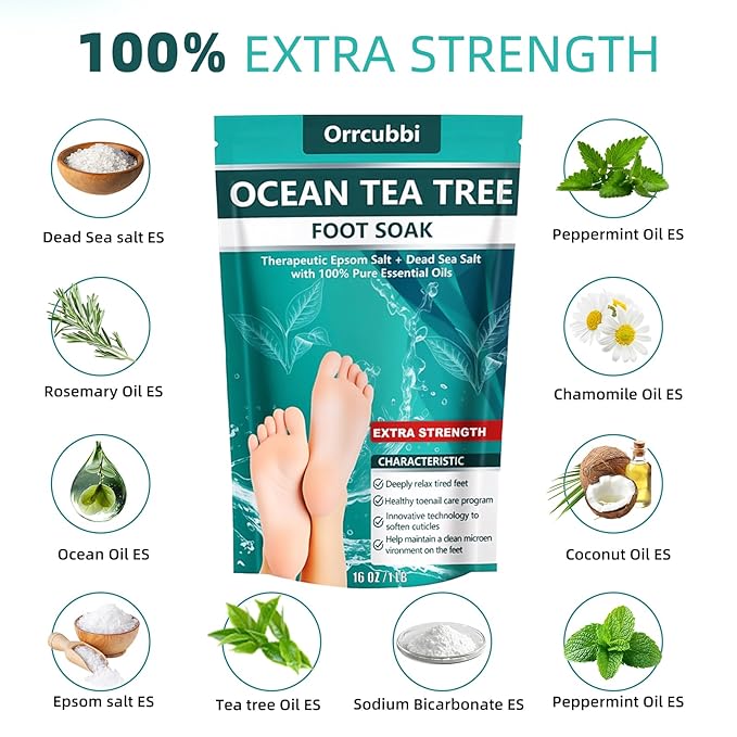 EXTRA STRENGTH Ocean Tea Tree Oil Foot Soak Salt – Dead Sea & Epsom Salt with Natural Essential Oils – Foot Bath for Odor, Callus Softening & Toenail Care – Relax Tired Feet, Home Spa Use 16oz