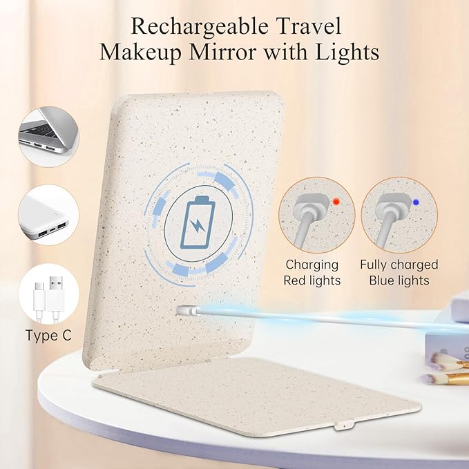 FUNTOUCH Rechargeable Travel Makeup Mirror with 72 Led Lights, Portable Lighted Makeup Mirror, 3 Color Lighting, Dimmable Touch Screen, Type C, Tabletop LED Folding Cosmetic Vanity Mirror