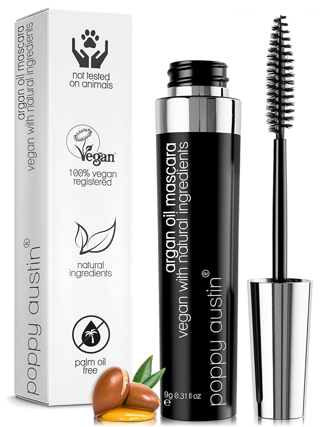Poppy Austin Organic Mascara, Natural, Vegan, Paraben-Free, Cruelty-Free - Hypoallergenic Mascara Lengthening & Volumizing with Argan Oil - 0.31 Fl Oz (Black)