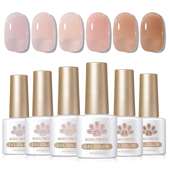 Born Pretty Jelly Nude Gel Nail Polish Set,Nude Clear Gel Nail Polish Sheer Crystal Transparent Gel Polish Soak Off U V Light Cure Gel Polish Kit Nail Art Manicure DIY Salon Home 6PCS 7 ML